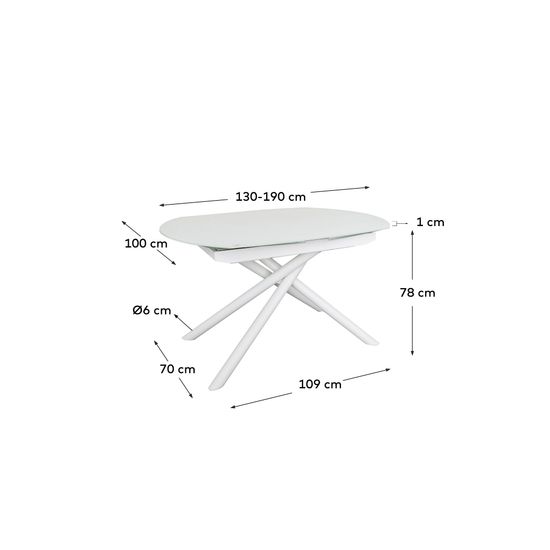 Vashti Раздвижной стол из стекла и МДФ со стальными ножками белого цвета 130(190) x 100 см