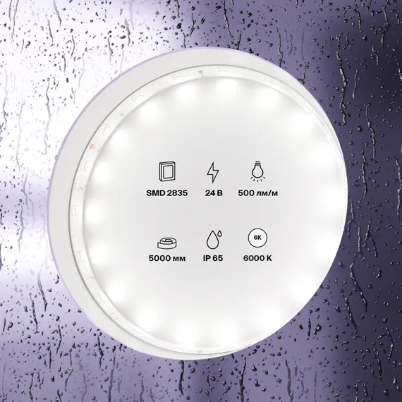 Светодиодная лента 24В 2835 4,8Вт/м 6000K 5м IP65 Led Strip 10141