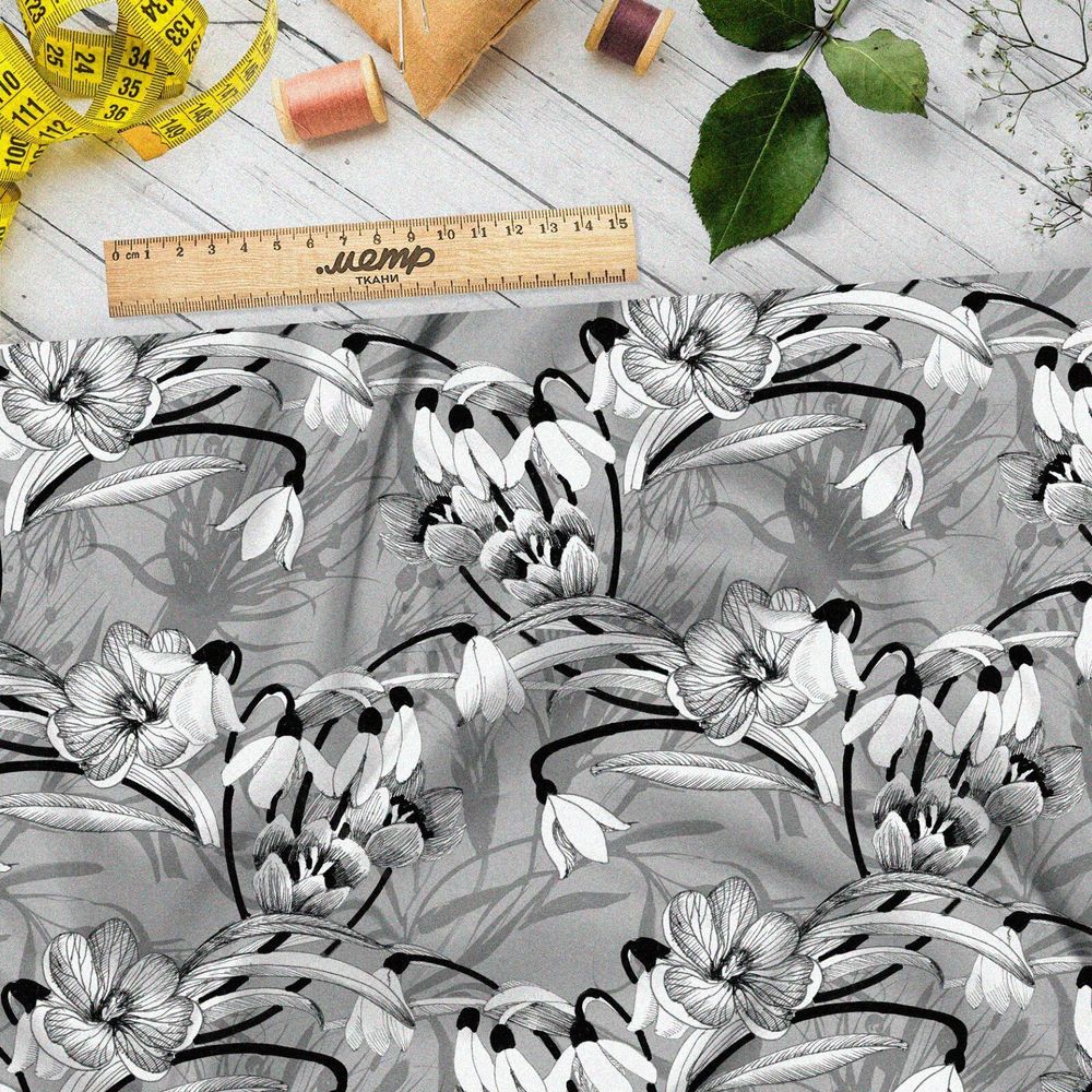 Ткань мембрана серый цветочный орнамент