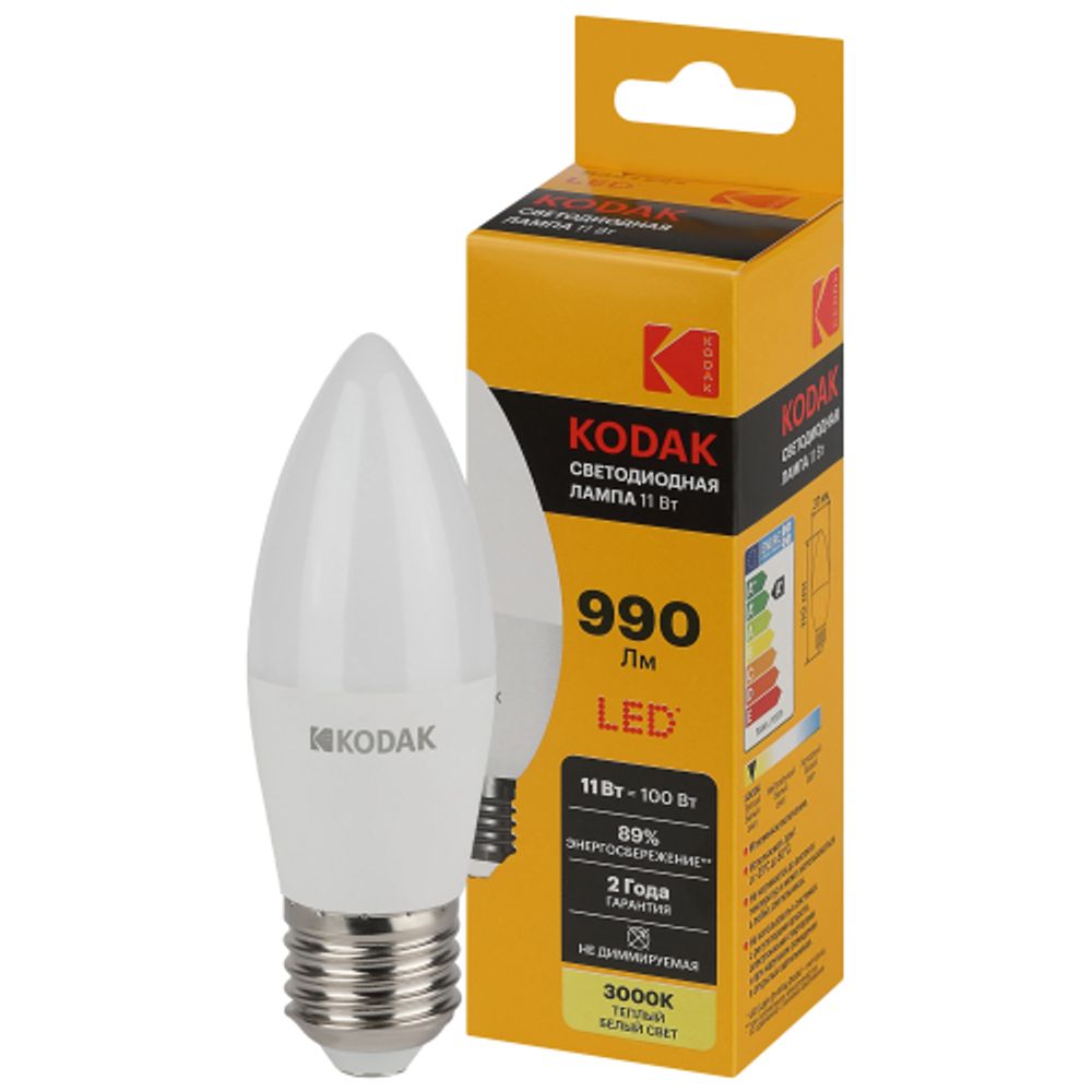 Лампа светодиодная Kodak LED B35-11W-830-E27 K 11Вт свеча теплый белый свет Е27 | Kodak