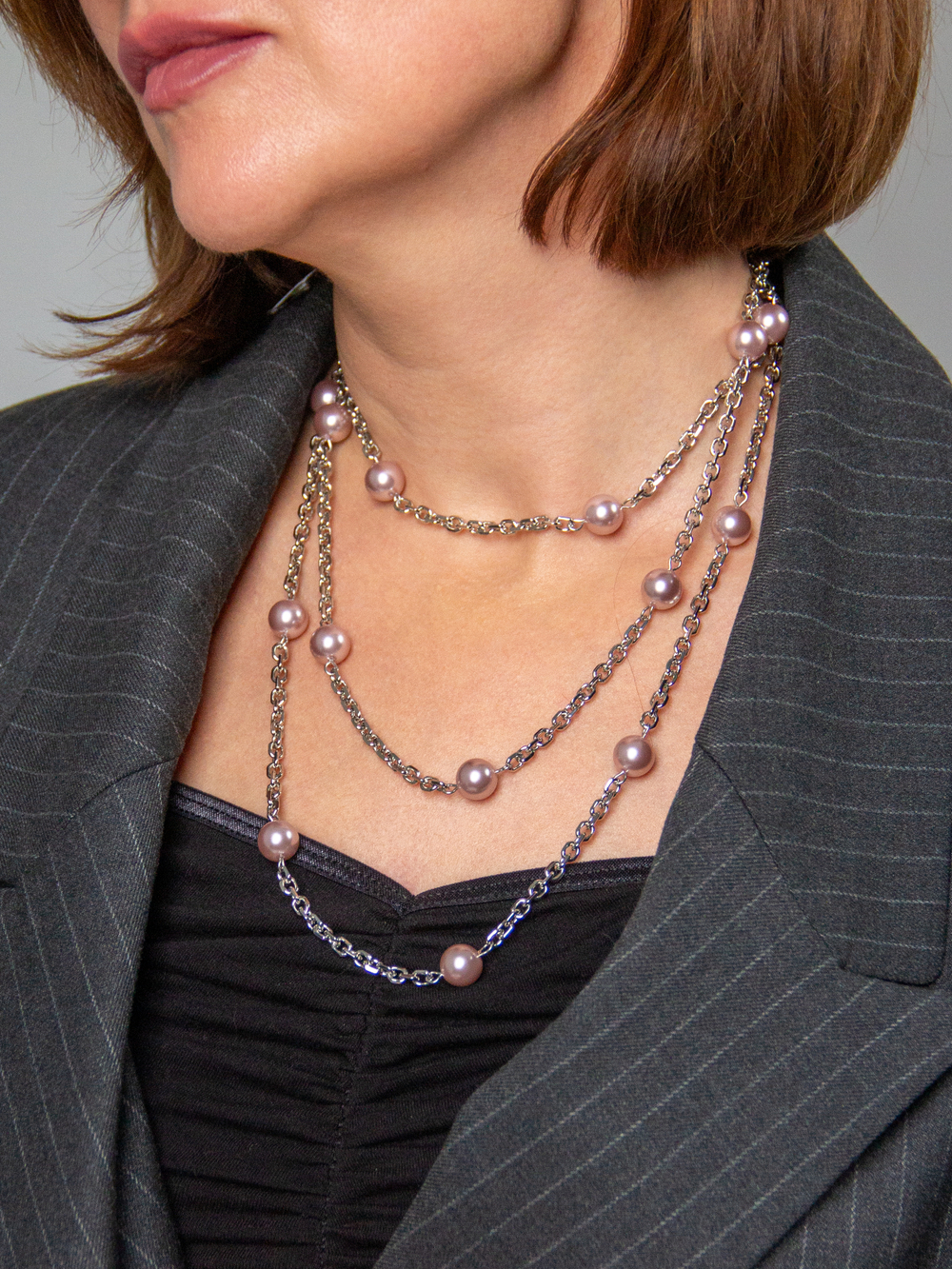 Колье "Бланш" 130 см из жемчуга розовый щербет на серебряной цепочке