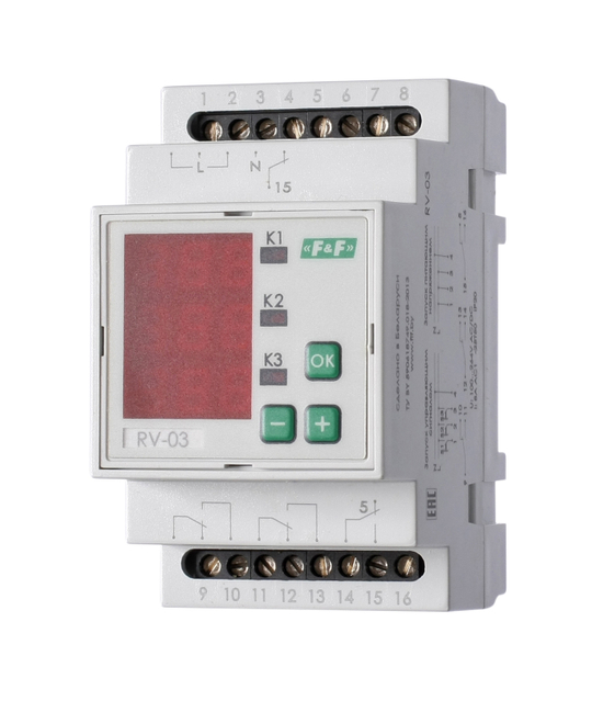 Реле времени RV-03 3х8А 100-264В AC/DC 3NO/NC IP20 многофункц. 3-х канал. 9 режимов работы с входами START диапазон выдержки времени 0с-99ч 59мин