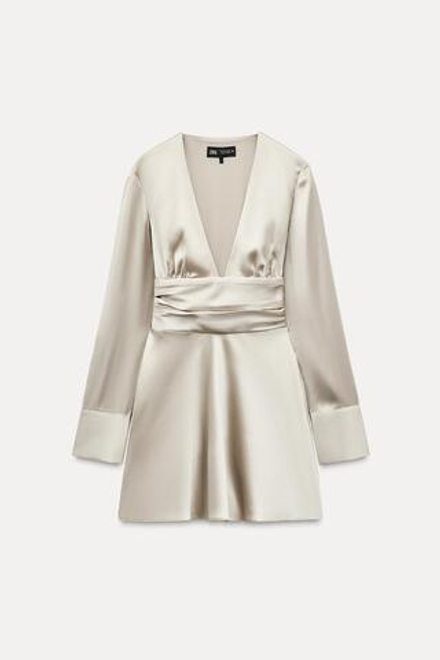 ZARA КОРОТКОЕ АТЛАСНОЕ ПЛАТЬЕ, ЦВЕТ СЛОНОВОЙ КОСТИ
