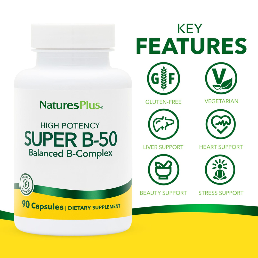 NaturesPlus, Super B-50, высокая эффективность, 90 капсул