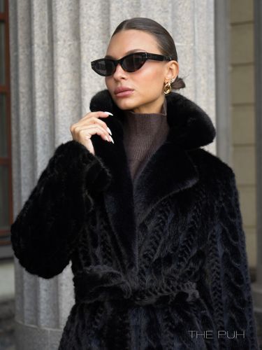 Длинная черная шуба из эко-меха