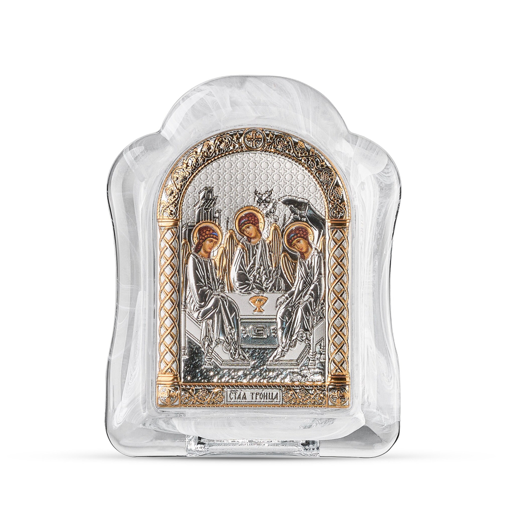 Св. Троица, икона арочная, белое муранское стекло 103х147