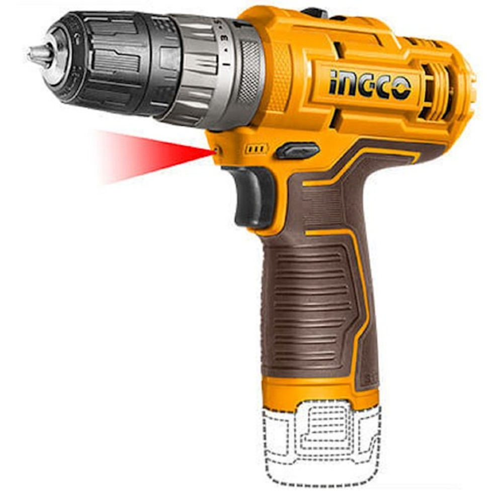 Аккумуляторный шуруповерт INGCO COSLI23114 12 В 20 Нм 18+1+1 с набором бит и сверл