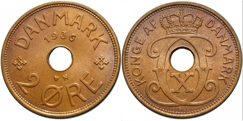 Дания 2 эре, 1926-1940 Король Кристиан X XF