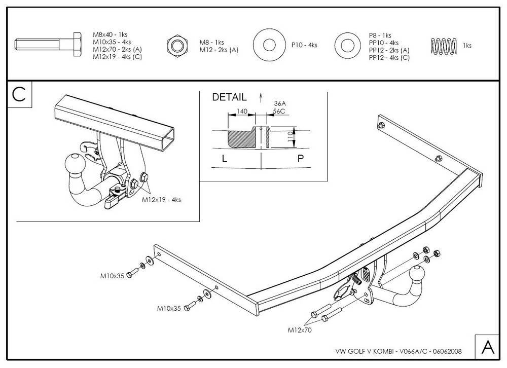 Фаркоп оцинкованный Galia V066A для Volksawgen Jetta 2005-2010, Volkswagen Golf V универсал 2007-2008, Golf VI универсал 2008-(паспорт и сертификат в комплекте)(без электрики)