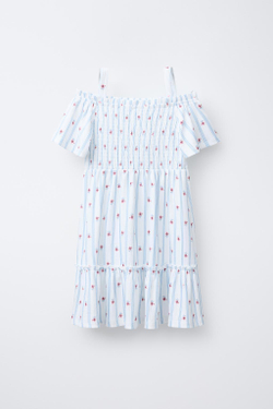 ZARA ПЛАТЬЕ ИЗ РЕЛЬЕФНОЙ ТКАНИ, ЭКРЮ/СИНИЙ