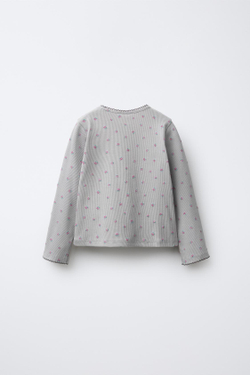 ZARA ФУТБОЛКА В РУБЧИК С ЦВЕТОЧНЫМ ПРИНТОМ И ВЫШИВКОЙ, СВЕТЛО-СЕРЫЙ