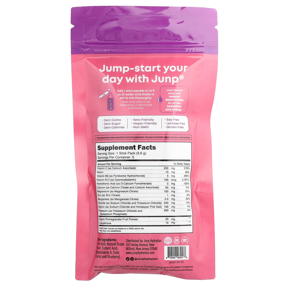 JUNP Hydration, электролитная порошковая смесь, со вкусом винограда, 5 пакетиков по 3,6 г (0,13 унции)