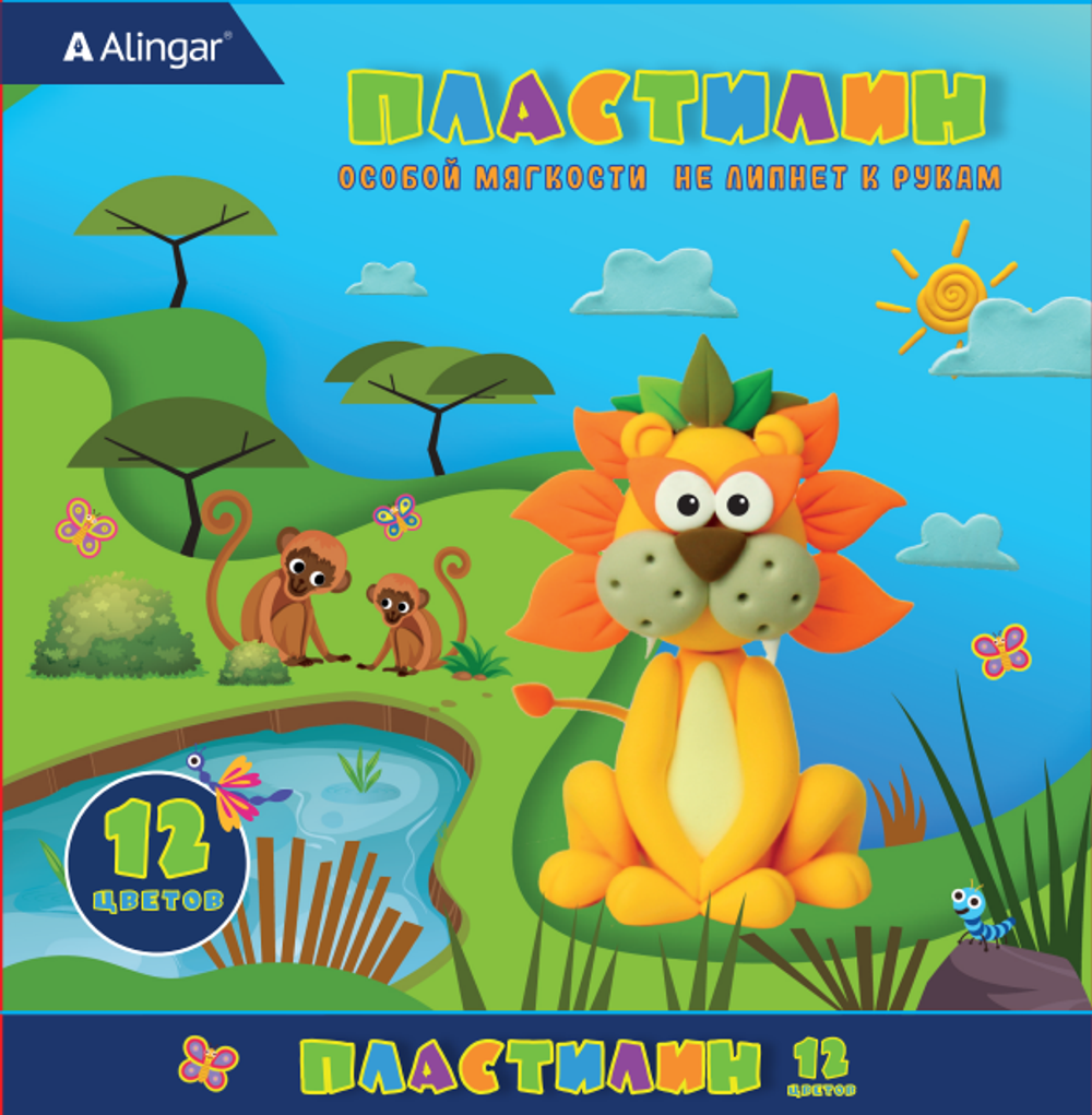 Пластилин Alingar, 12 цветов, "Лев", 180 гр., особо мягкий, без стека, картонная упаковка