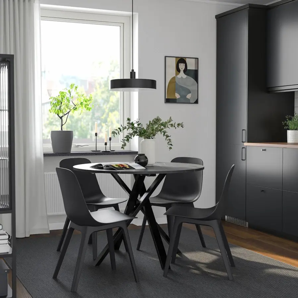 Стол и 4 стула - IKEA MARIEDAMM / ODGER / ИКЕА МАРИЕДАММ/ОДГЕР, черный, имитация мрамора