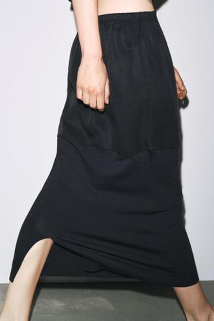 ZARA КОМБИНИРОВАННАЯ ТРИКОТАЖНАЯ ЮБКА МИДИ, ЧЕРНЫЙ