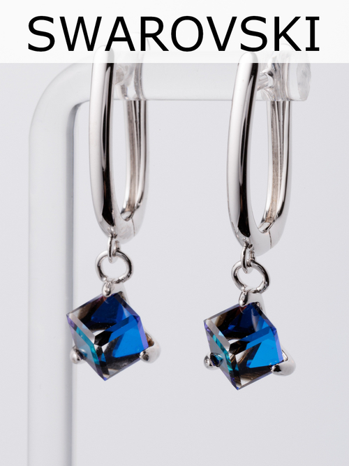 Серьги-подвески Миражи с синим кубиком Swarovski