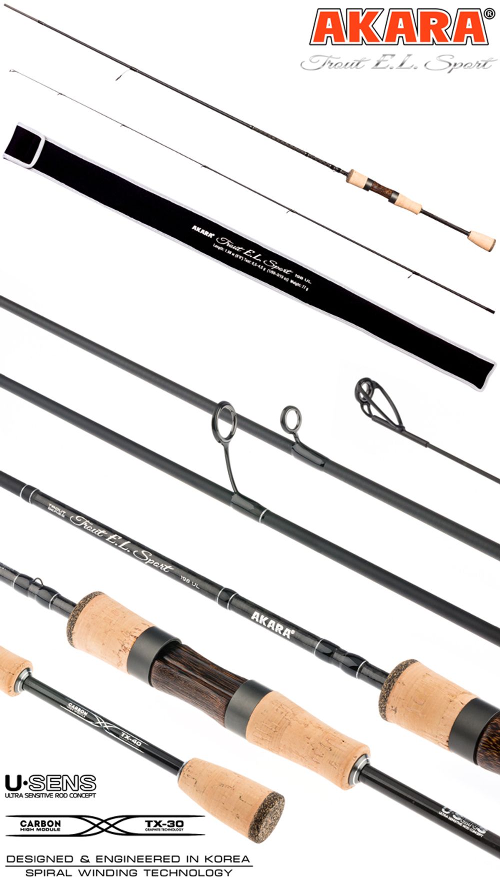 Спиннинг  штекерный угольное 2 колена Akara Trout E.L Sport UL (0,5-4,5) 1,98 м с разнесенной ручкой