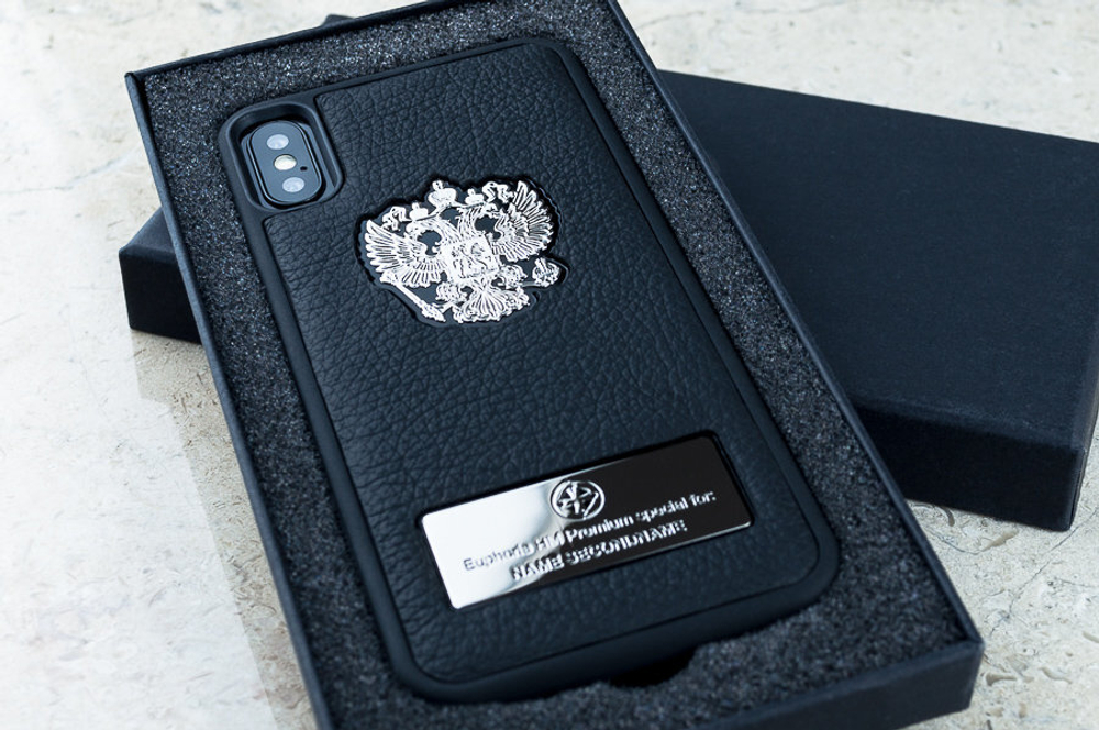 Премиальный именной чехол iPhone с гербом России - Euphoria HM Premium - натуральная кожа, ювелирный сплав
