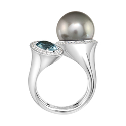 Кольцо с Чёрным Жемчугом, Шпинелью и Бриллиантами, R0259-52/1