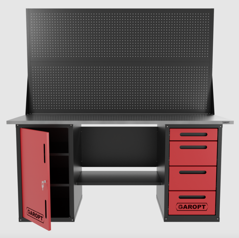 Верстак двухтумбовый дверь/4 ящиков с двумя экранами, красный 1800*700 Garopt, GT1800DY4PP2.red