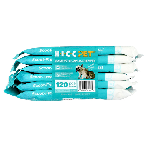 HICC Pet, чувствительные салфетки для анальной железы, для собак и кошек, с кокосом, 6 упаковок по 20 салфеток