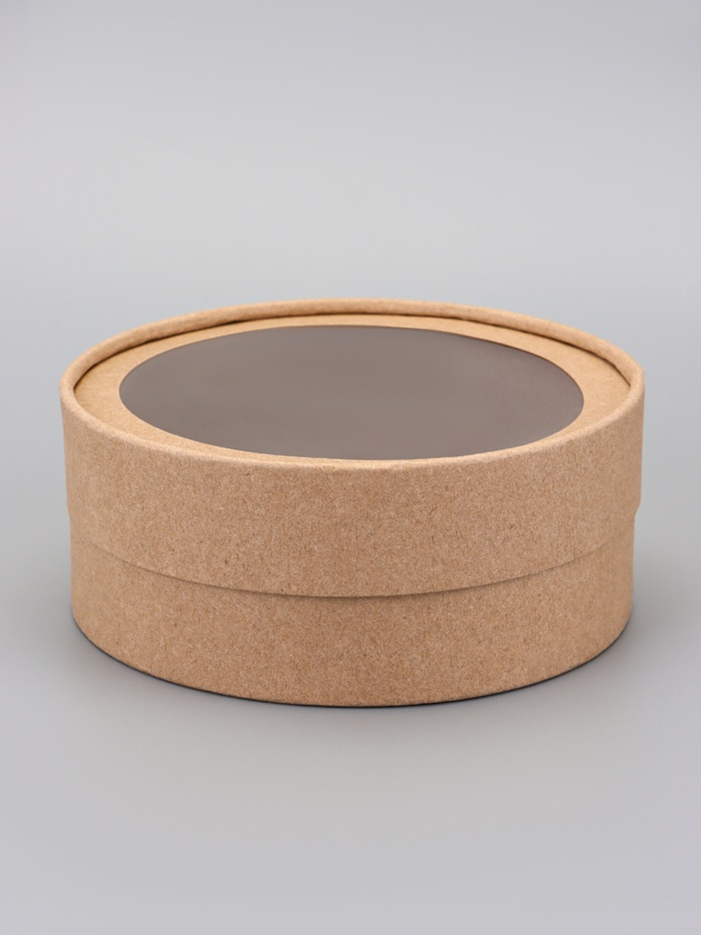 Коробка круглая подарочная, завальцованная с окном, крафт, 15×6 см