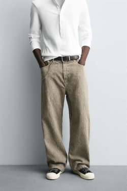 ZARA БРЮКИ BAGGY FIT С ПРИНТОМ И ЭФФЕКТОМ ПОТЕРТОСТИ, СВЕТЛЫЙ ХАКИ