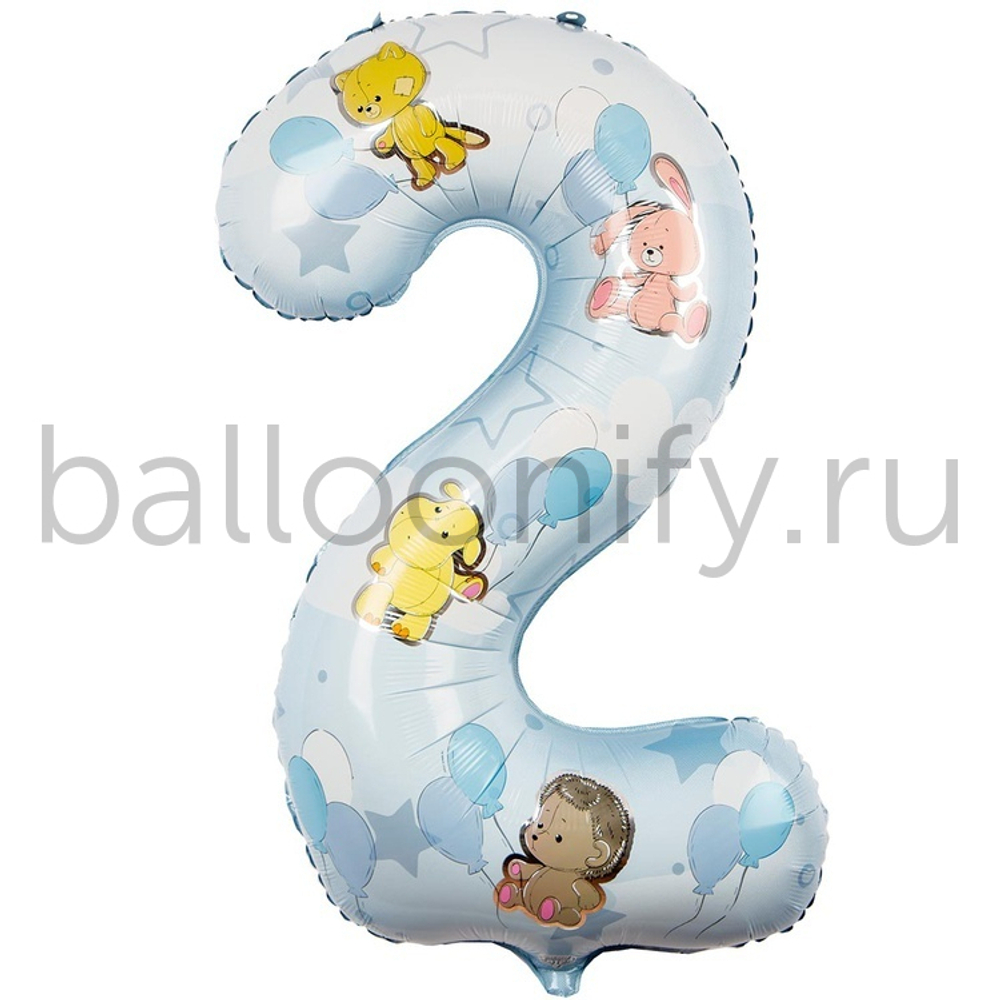 Шар ЦИФРА 2 Зверюшки мальчику 40" 102 см