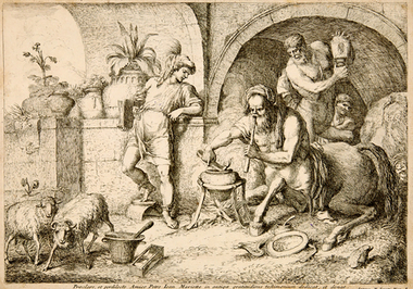 Кентавр Хирон учит Ахилла искусству магии. 1758 г. Бумага, офорт,