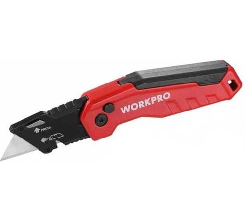 Нож алюминиевый складной WORKPRO быстрое открытие, красный WP211026