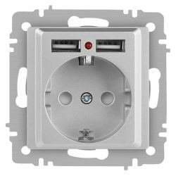 Розетка Intro Accent 6-410-03 , P+E Schuko со шторками, 16А-250В + 2хUSB, IP20, СУ, алюминий | Intro