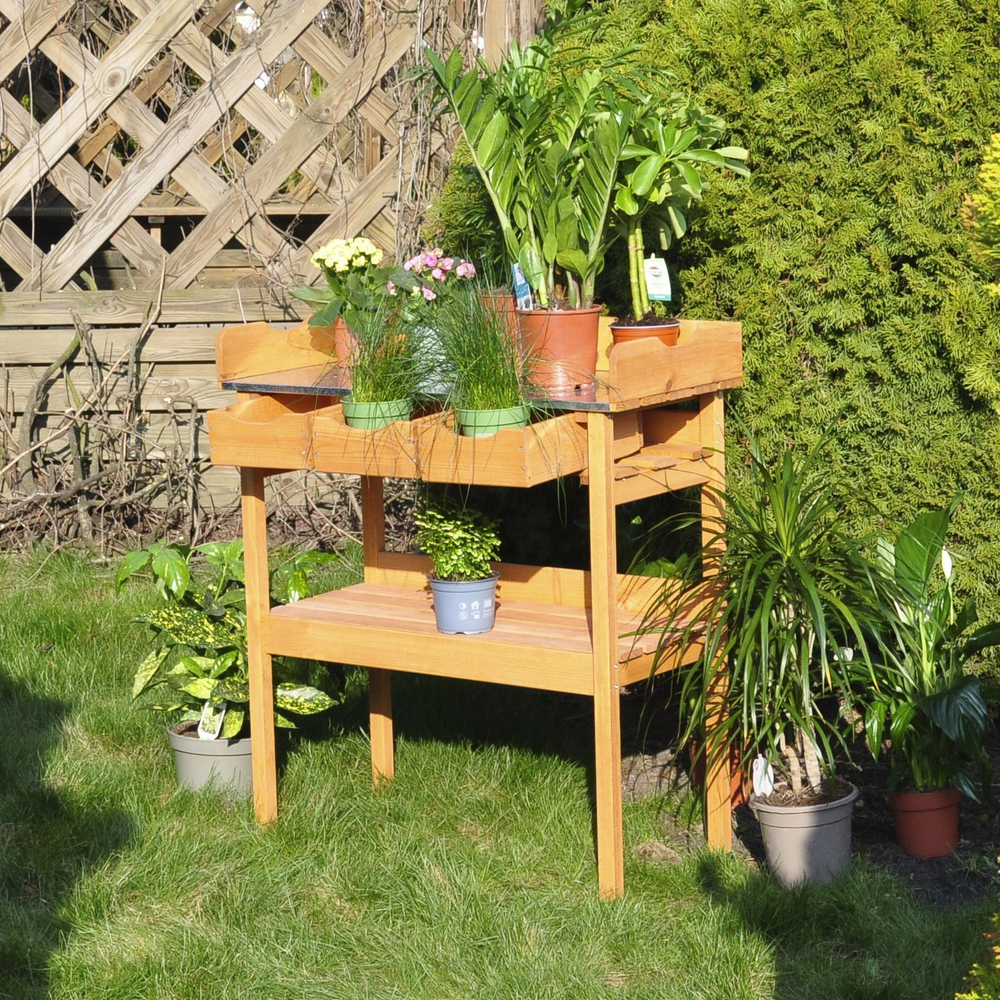 Садовый стол с цинковой столешницей и выдвижными ящиками для пересадки растений и цветов