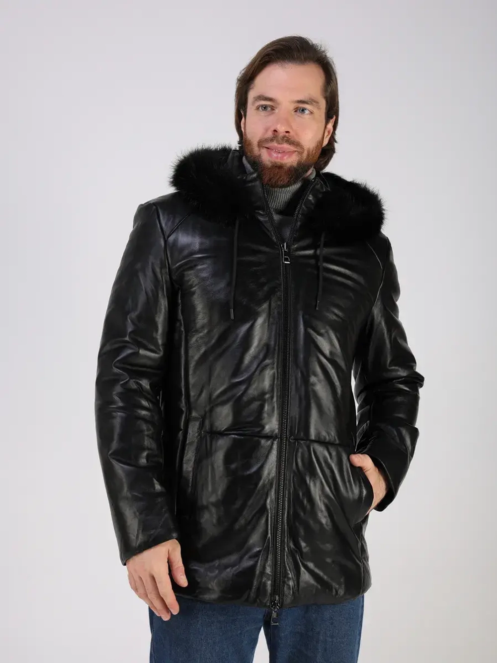 Куртка зимняя кожаная с капюшоном пуховик