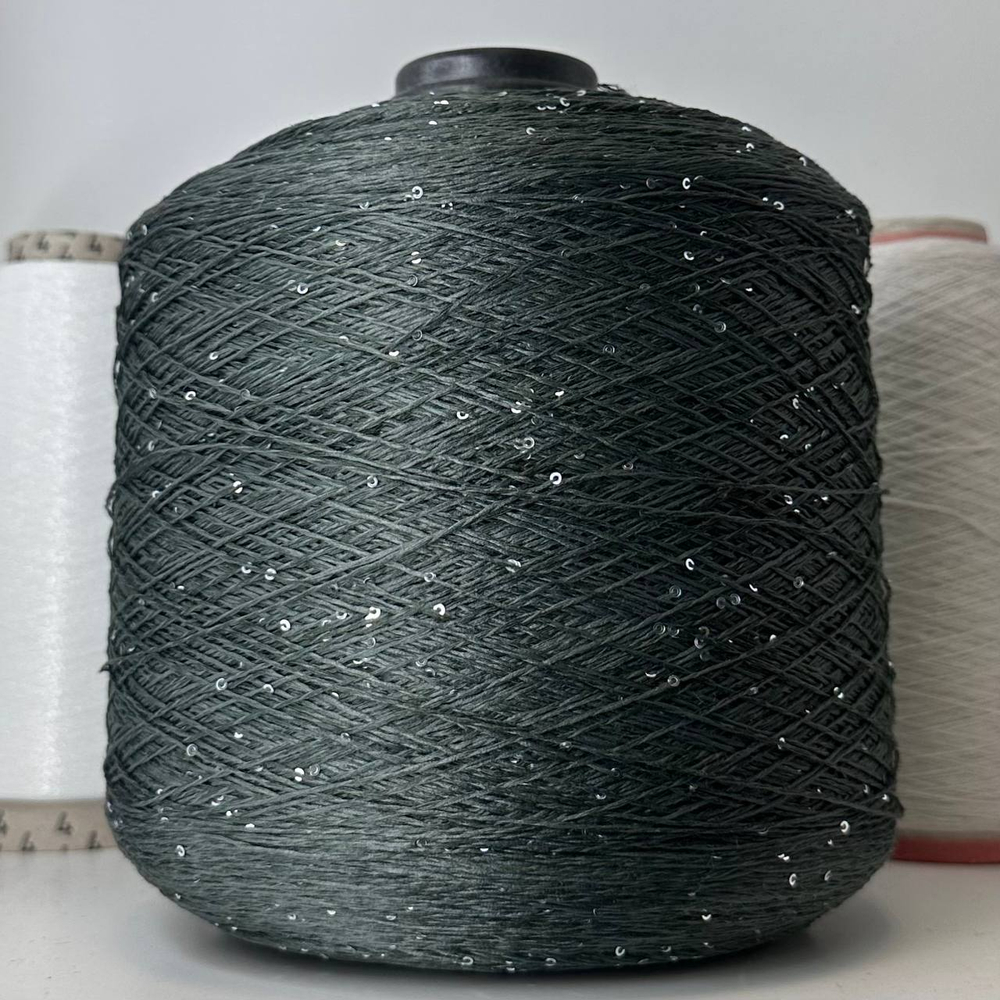 LINETTE PAILLETES - 80% лен, 20% п/а, микропайетки 2мм, ; 450м\100гр; цвет: темный припыленная ель, пайетки серебро