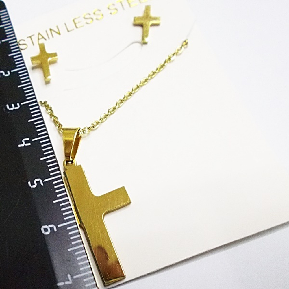 Комплект украшений "Кресты" (серьги, кулон, цепочка). Сталь 316L, золотое анодирование.