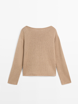 Massimo Dutti Свитер из хлопкового и льняного трикотажа с карманом, светло-коричневый