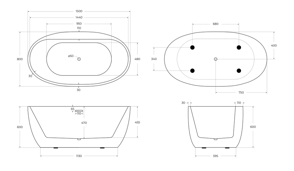 Ванна акриловая отдельностоящая BelBagno BB404-1500-800