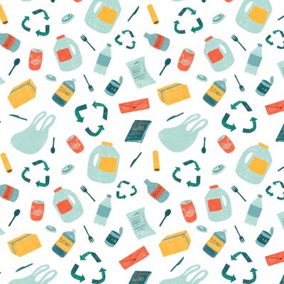Zero waste. Бесшовный паттерн с перерабатываемым мусором: пластик, картон, стекло, алюминий. Концепция Жизни без мусора, сортировки отходов, разделять мусор