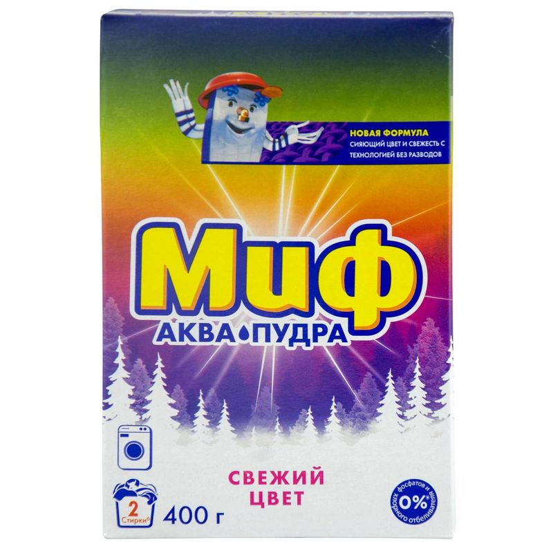 Порошок аква пудра Миф автомат 3 в 1 свежий цвет 400 гр/пач 11 пач/мяг упак