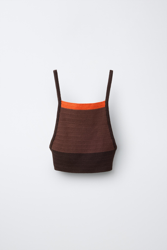 ZARA ТОП ИЗ КРУЖЕВА КРОШЕ В КОНТРАСТНУЮ ПОЛОСКУ, КОРИЧНЕВЫЙ