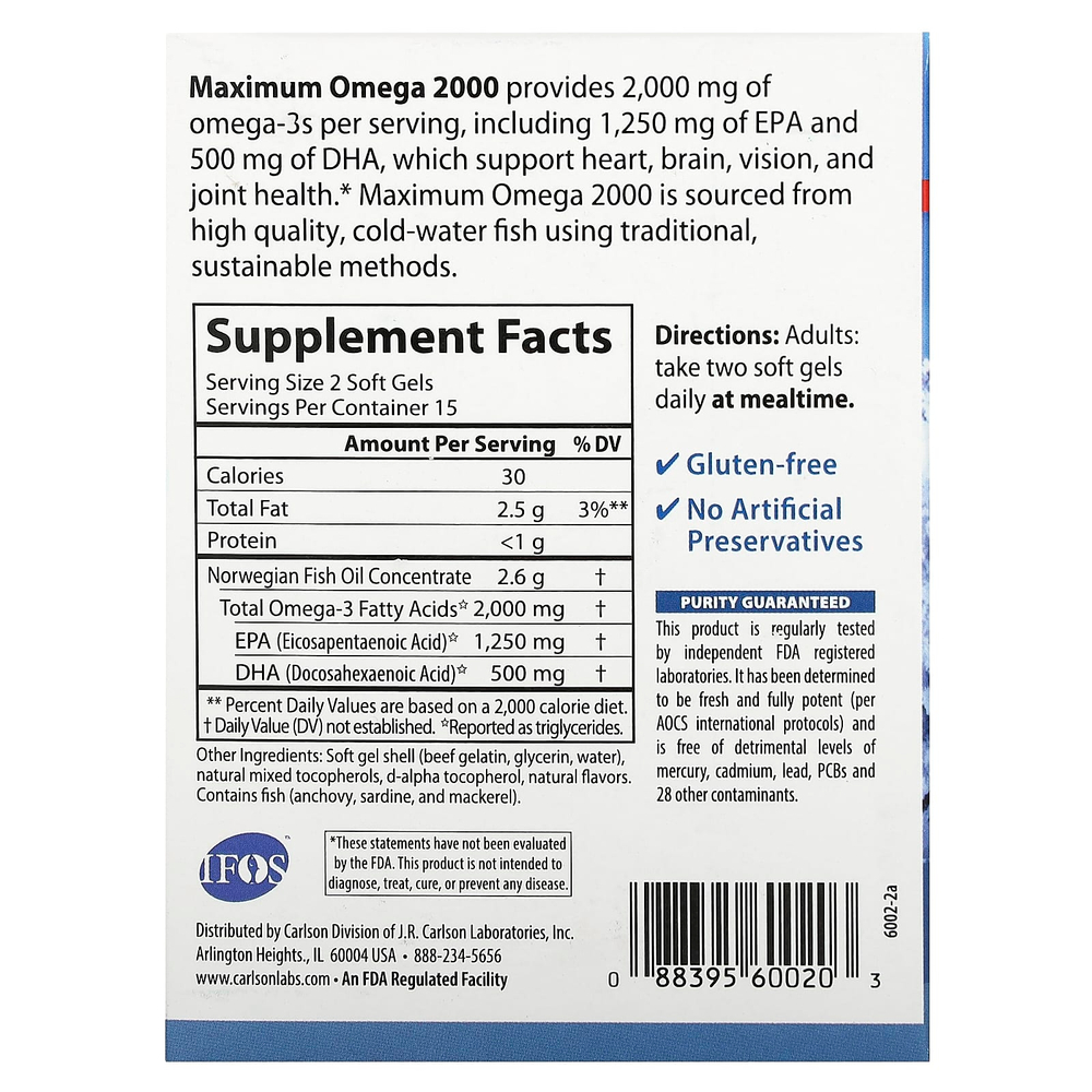 Carlson, Maximum Omega 2000, омега с натуральным лимонным вкусом, 30 капсул (1000 мг в 1 капсуле)