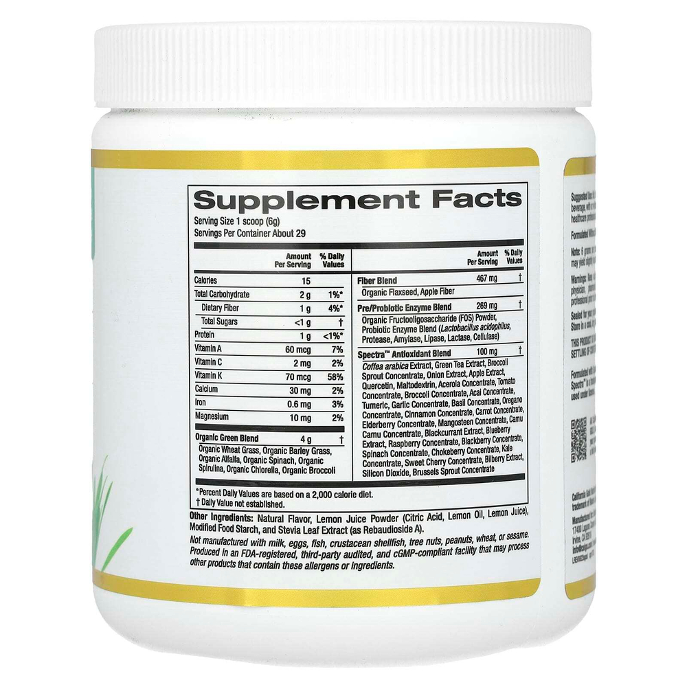 California Gold Nutrition, Superfoods, антиоксиданты из суперзелени с клетчаткой, смесь пребиотиков и пробиотиков, смесь антиоксидантов Spectra™, клубничный лимонад, 171 г (6,03 унции)