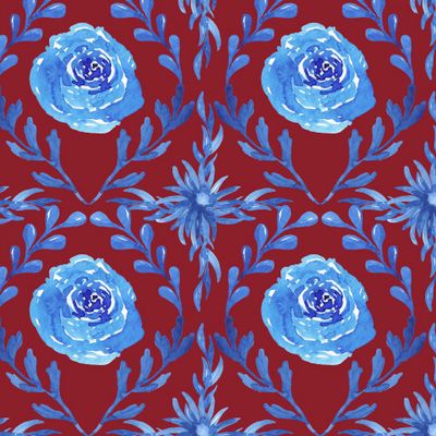 Синий цветочный узор на темно-красном