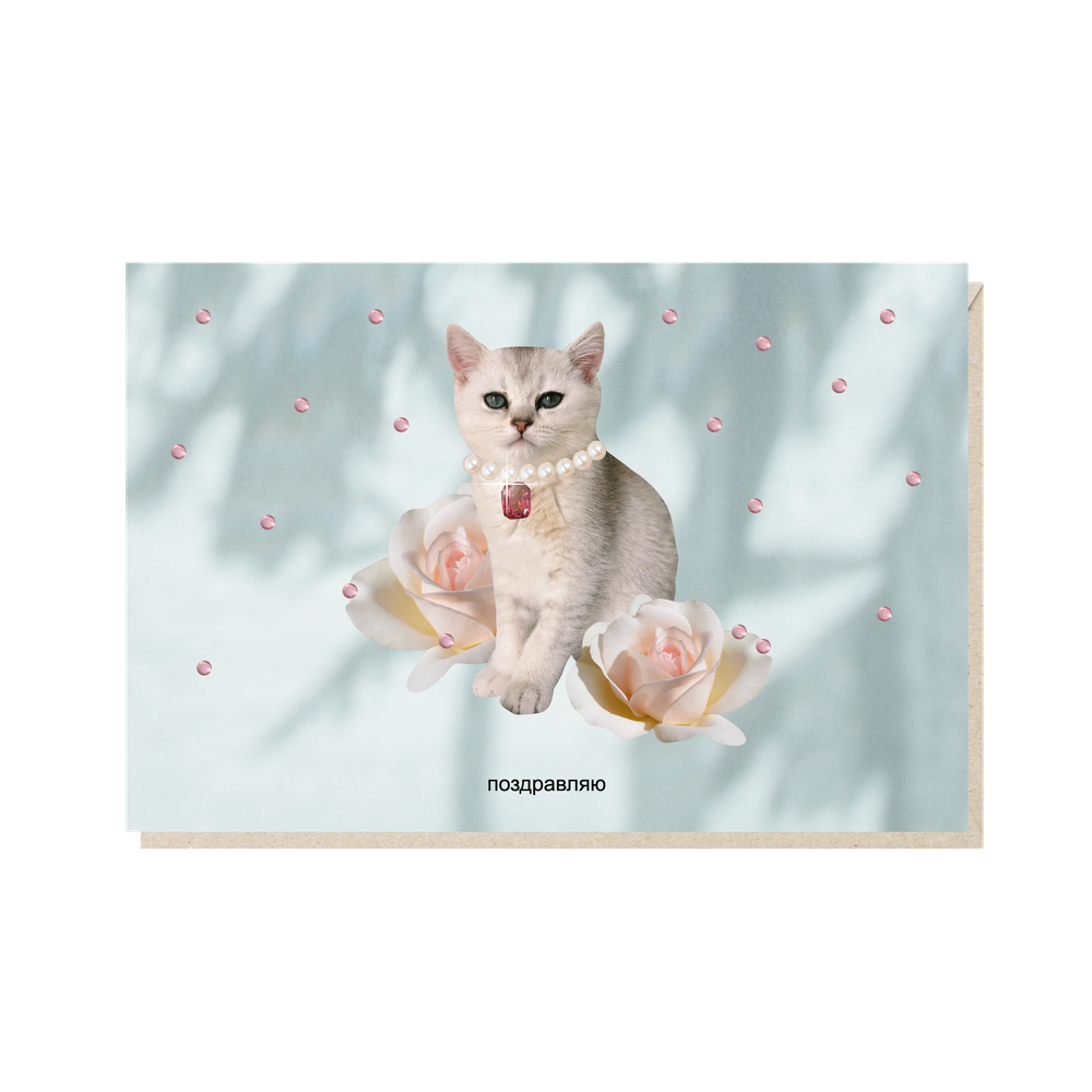 Открытка Поздравляю (кошка в бусах)