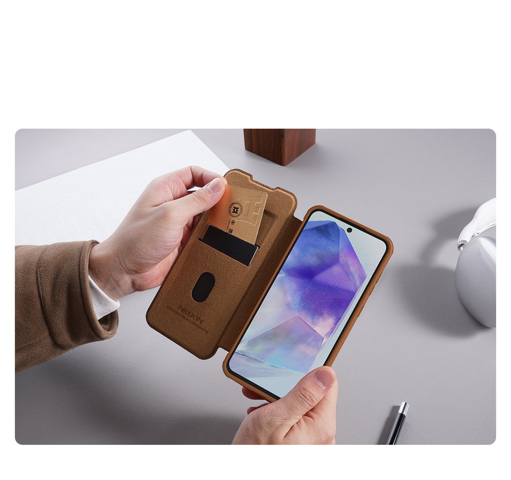 Кожаный чехол книжка коричневого цвета от Nillkin для Samsung Galaxy A56 5G, серия Qin Pro Leather с защитной шторкой для камеры