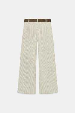 ZARA ШИРОКИЕ БРЮКИ В ПОЛОСКУ С ПОЯСОМ, ЭКРЮ