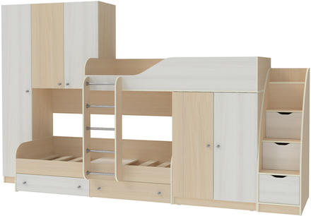 Двухъярусная кровать КарИВи Лео с лестницей Комод КарИВиом  Дуб Молочный Белое Дерево