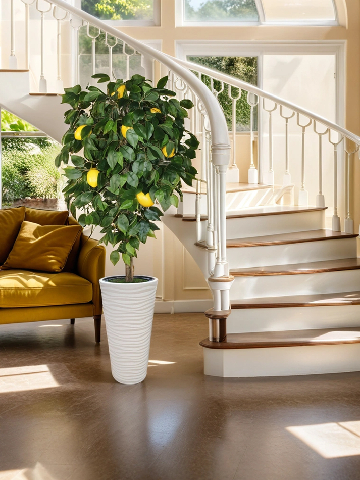 Искусственное дерево Лимон 170 см в высоком круглом белом кашпо