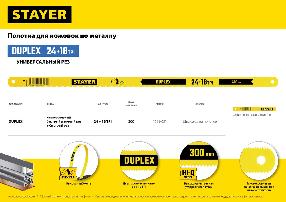 STAYER Duplex 24 + 18 TPI, 12 х 300 мм, 1 шт, коробка 50 шт, двустороннее полотно по металлу (1589-02)