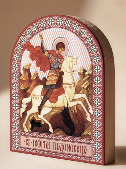 Икона аркой Георгий Победоносец (на коне), вмч. на дереве: 95 х 120 (Синопсисъ)